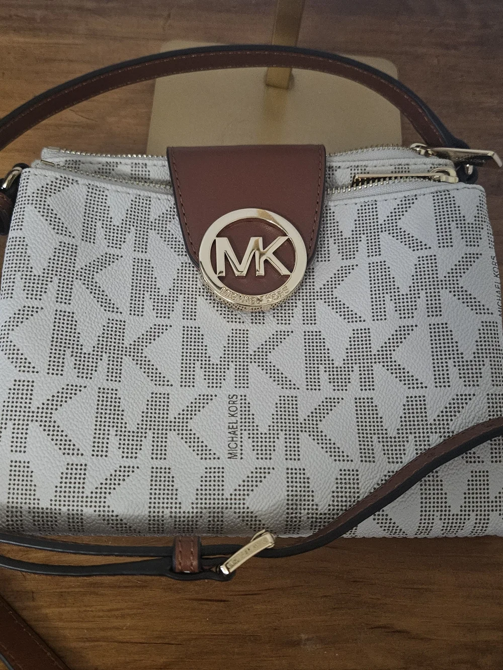 Michael Kors White MK Logo Crossbody with Brown Leather Trim and Gold Emblem